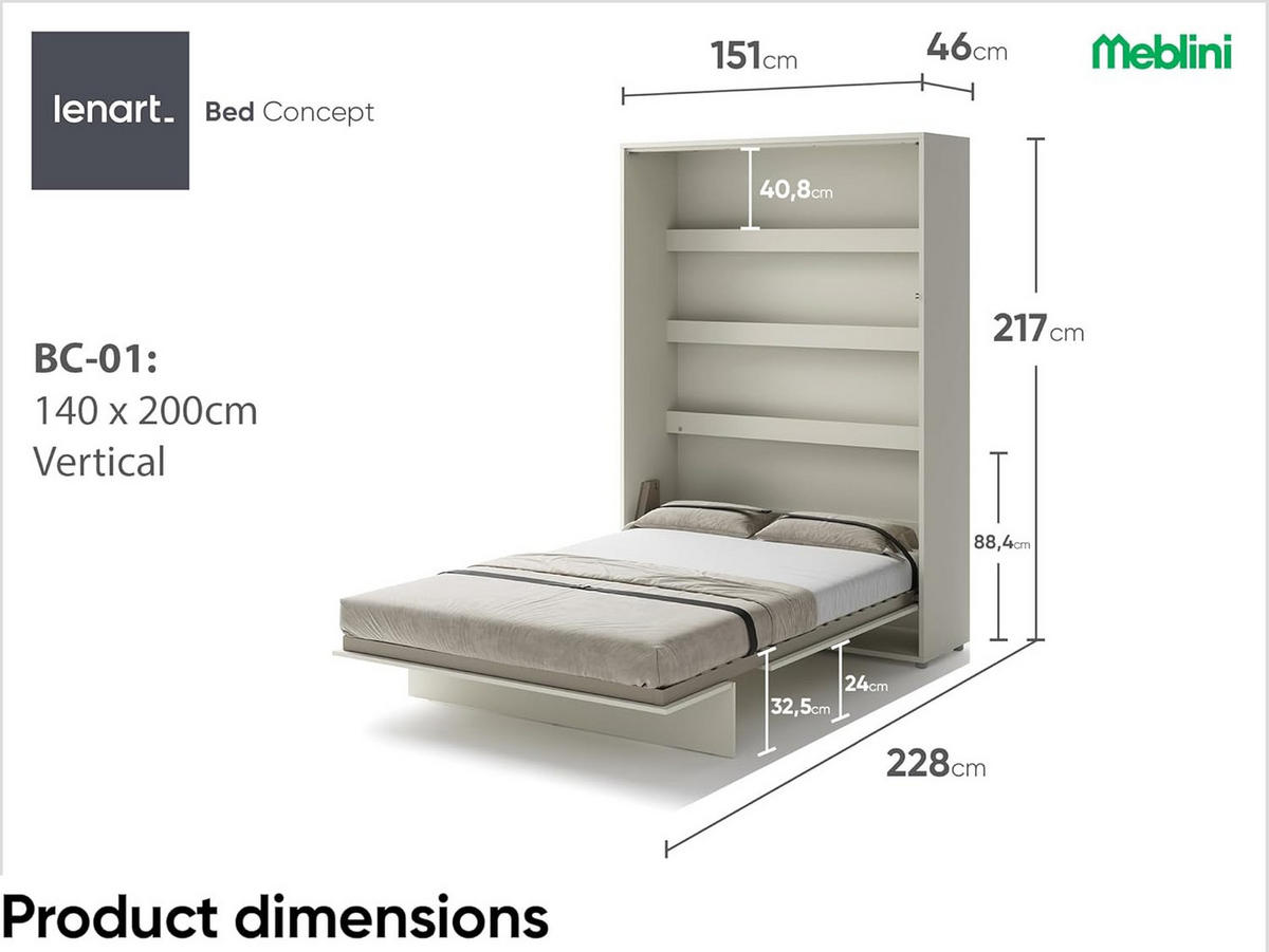 SCHRANKBETT BC-01 - 140x200cm Vertikal - Kaschmir - Kaschmir, Holzwerkstoff (140/200cm) - Meblini