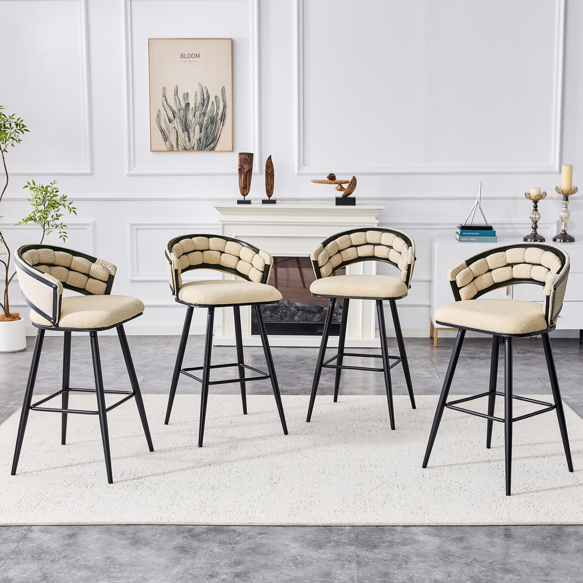 BARHOCKER 4er-Set Beige aus Samt mit Rückenlehne und Metallbeinen - Beige, Metall (56/98.5/50.5cm) - PANGIVO