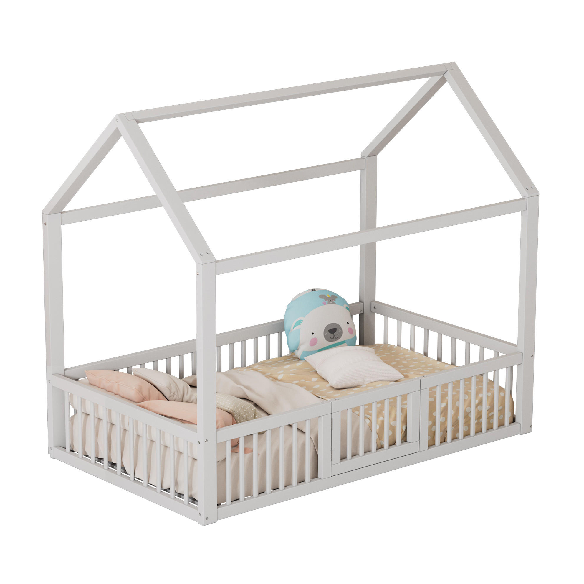 HAUSBETT aus Kiefer und MDF 90x200 cm Weiß mit Sicherheitsgitter und Tür im Haus-Design - Weiß, Holzwerkstoff (90/200cm) - Modfu