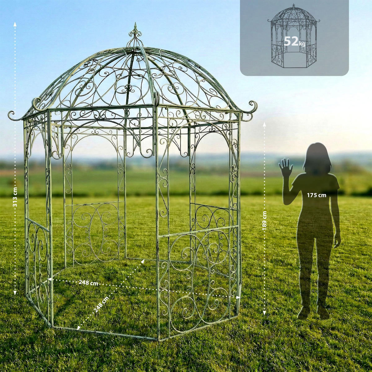 PAVILLON Liv Antik 284x263x313cm Metall Antik-Grün Gartenpavillon - Grün, Metall (284/313/263cm) - DELUKE