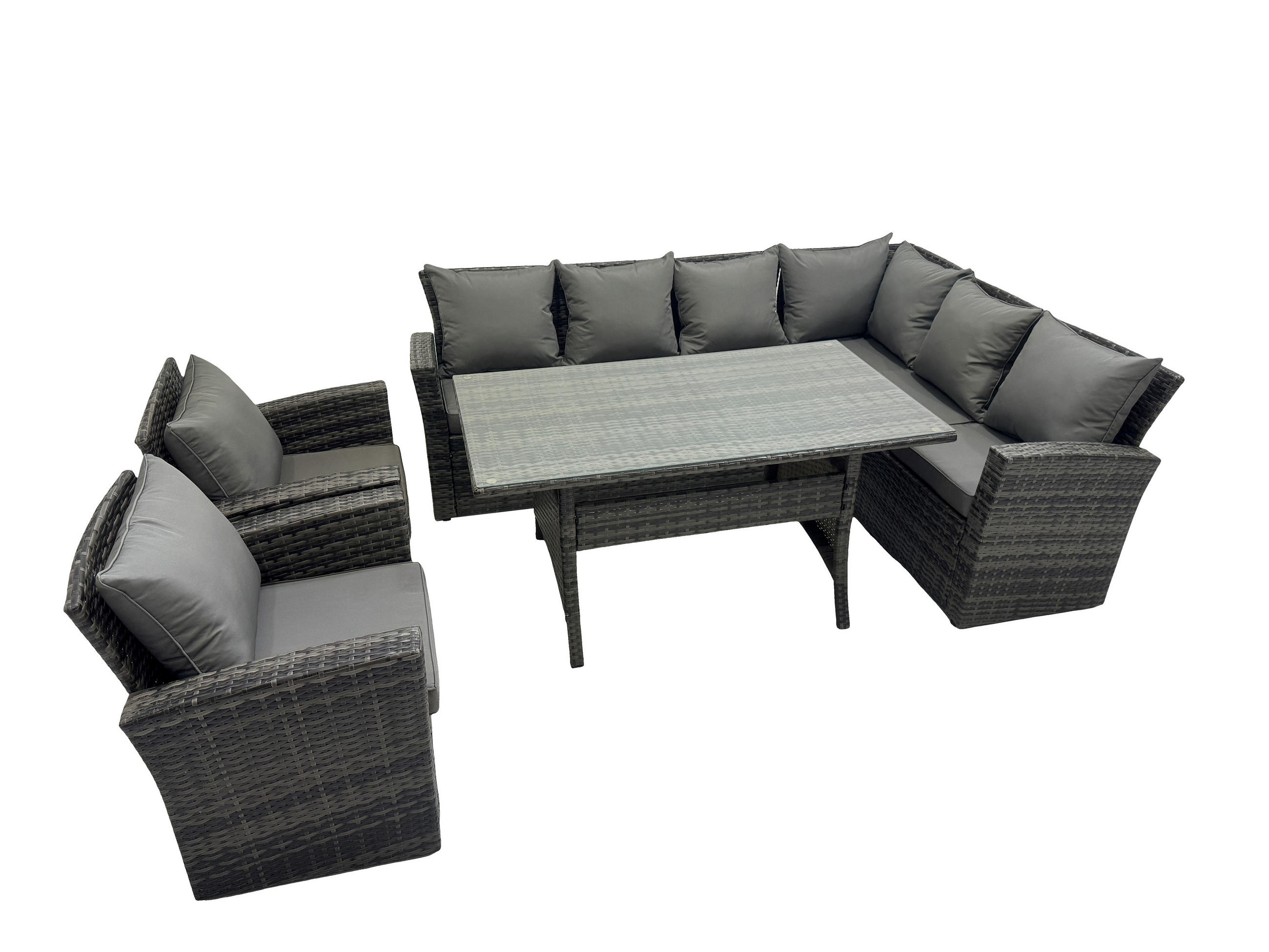 LOUNGEGARNITUR mit Esstisch Sofa Polyrattan Dunkelgrau 8-Sitzer - Dunkelgrau/Grau, Glas/Kunststoff - Fimous
