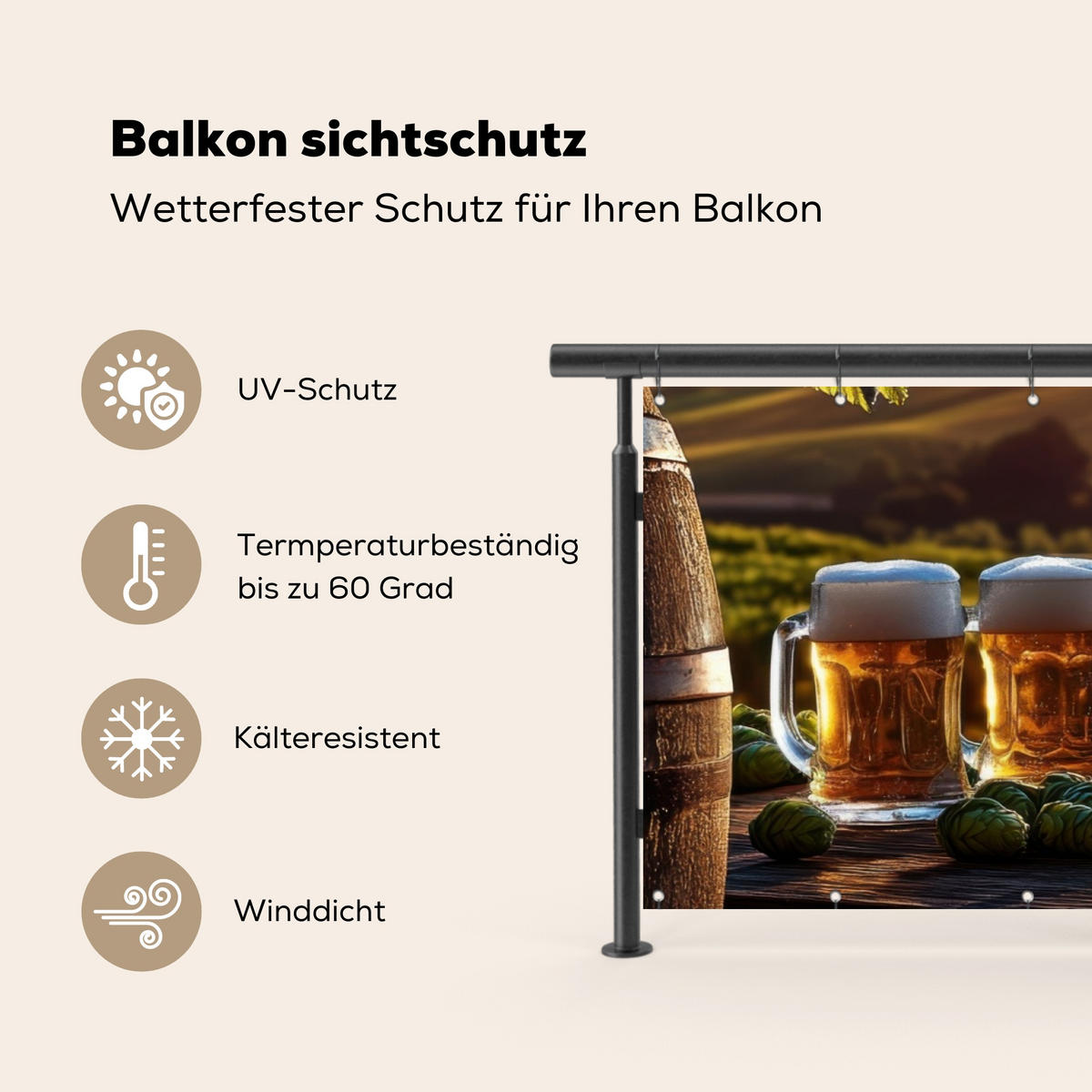 BALKON-SICHTSCHUTZ Bier - Hopfen - Landschaft - Grün, Kunststoff (300/100cm) - MuchoWow