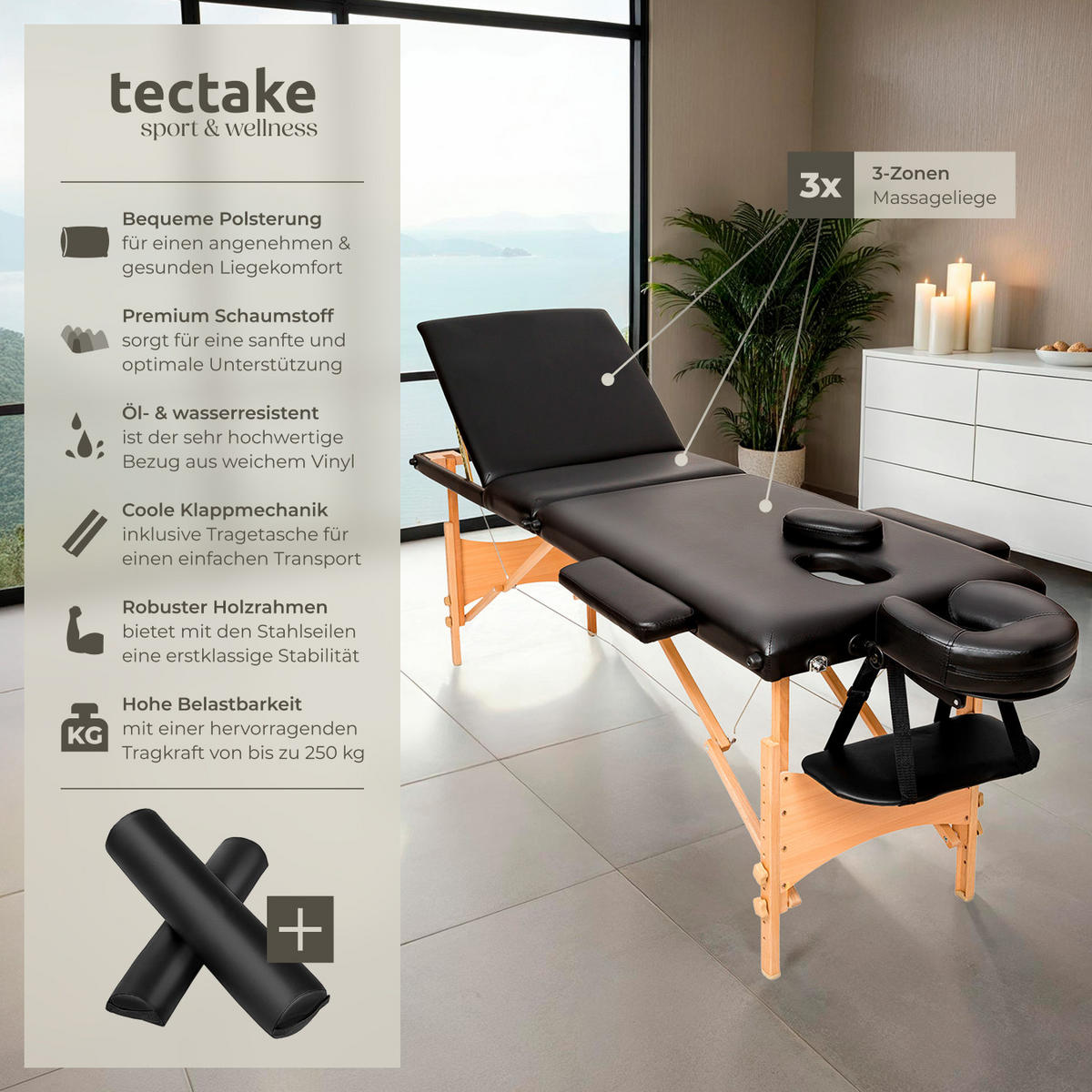 MASSAGELIEGE-SET 3 Zonen Daniel,210 x 95 x 84 cm,schwarz - Schwarz, Holz (95/84/210cm) - tectake