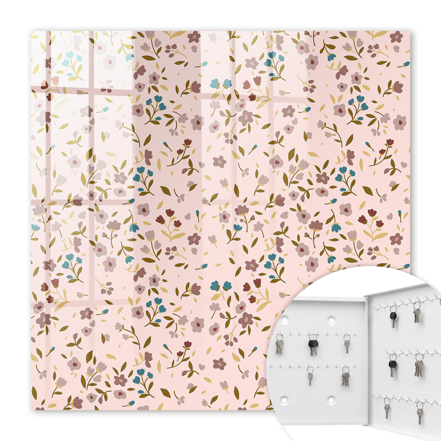 SCHLÜSSELBOX Weiß 30x30 cm – Türöffnung nach rechts - Blumenmuster - Pink, Metall (30/30/5cm) - TULUP