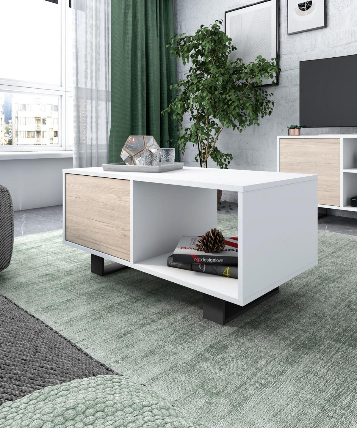 COUCHTISCH WIND, 2 Türen, weiß, eiche, 92/50/45cm - Eiche Bianco, Holzwerkstoff (92/50/45cm) - Skraut Home