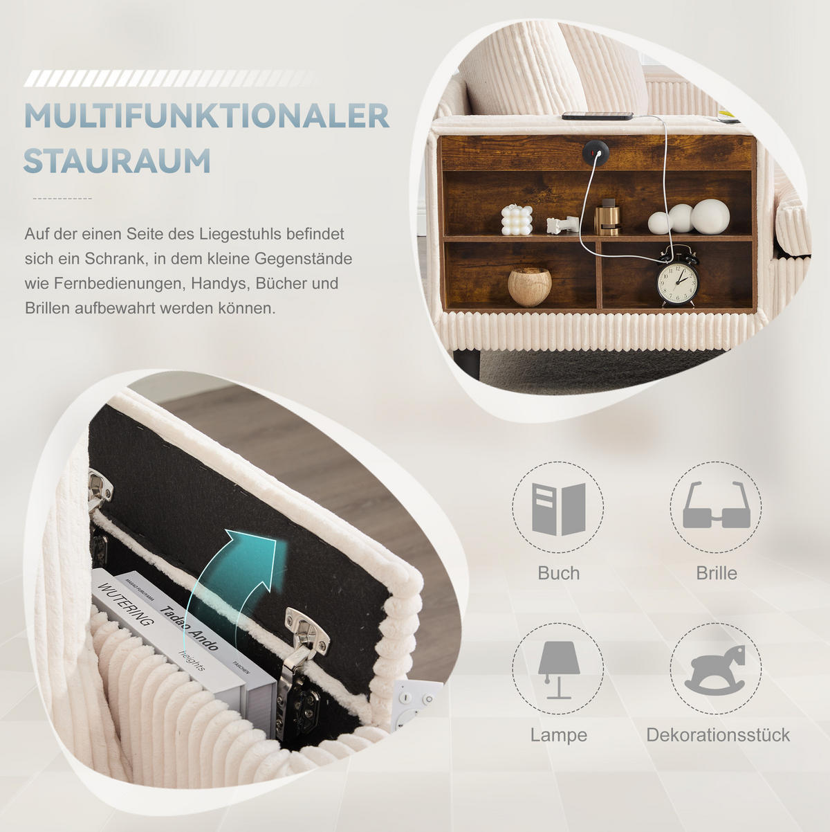 SCHLAFSOFA 129/170/70 cm aus Cord mit LED-Beleuchtung und USB-Ladeanschluss Beige - Beige, Textil (170/70/129cm) - Modenvie