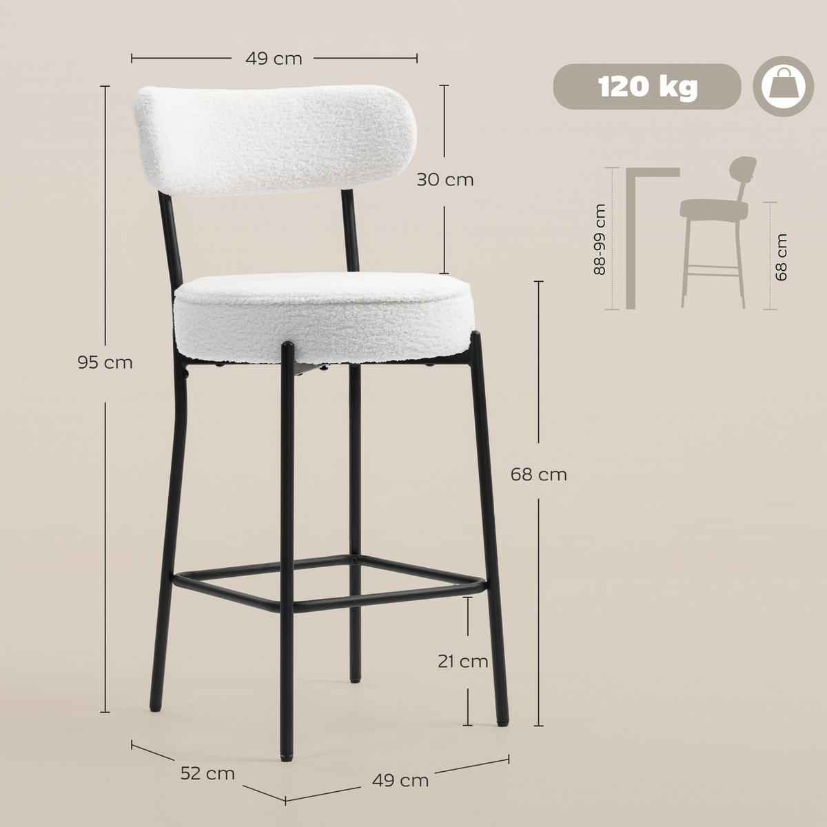 BARHOCKER 2er-Set DE-14785 gepolstert mit Fußstütze Creme - Creme, Metall (49/95/52cm) - ComfortXL