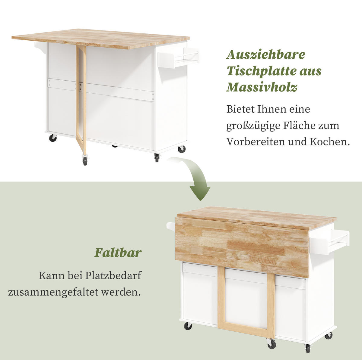 KÜCHENINSEL 137/43(76)/92 cm mit klappbarer Arbeitsplatte, 3 Schubladen, Schrank und Rollen aus MDF, Weiß - Weiß, Holzwerkstoff (137/92/76cm) - Redom