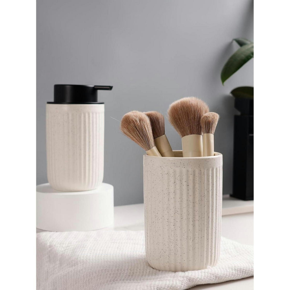 SEIFENSPENDER mit Zahnbürstenhalter Keramik Beige 350ml - Beige, Keramik (8/14/8cm)