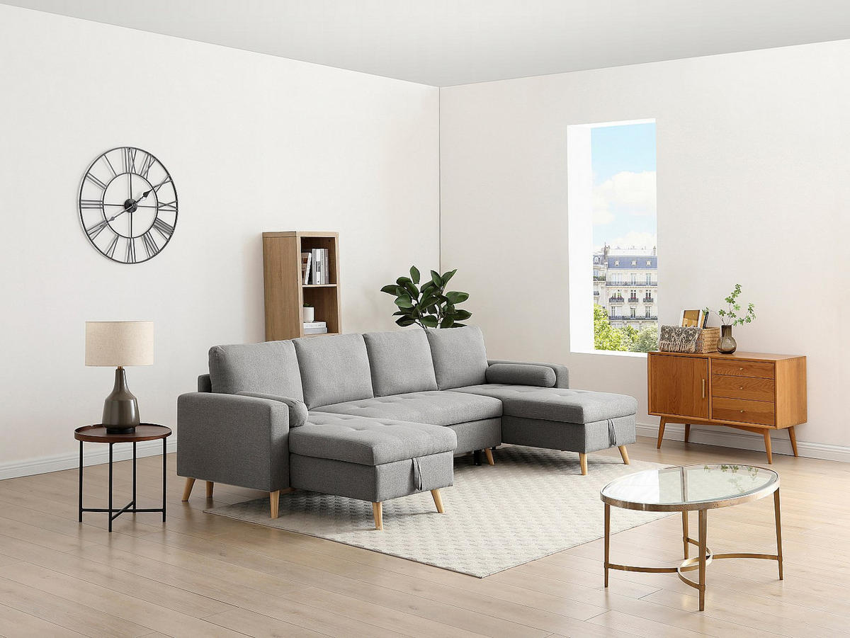 PANORAMA-ECKSOFA mit Schlaffunktion – Stoff – Hellgrau – KORI - Hellgrau, Textil (288/146cm) - Vente-Unique