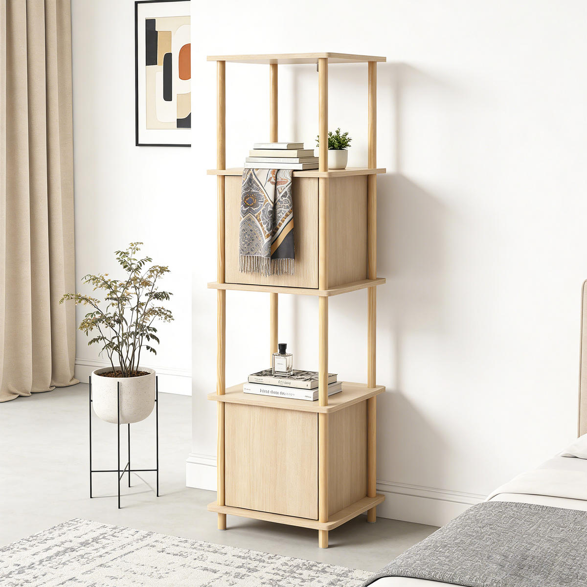 SCHMALES Standregal mit 4 Ablagen und Stauraum, Bücherregal - Alteiche, Holz (35/148/40cm)