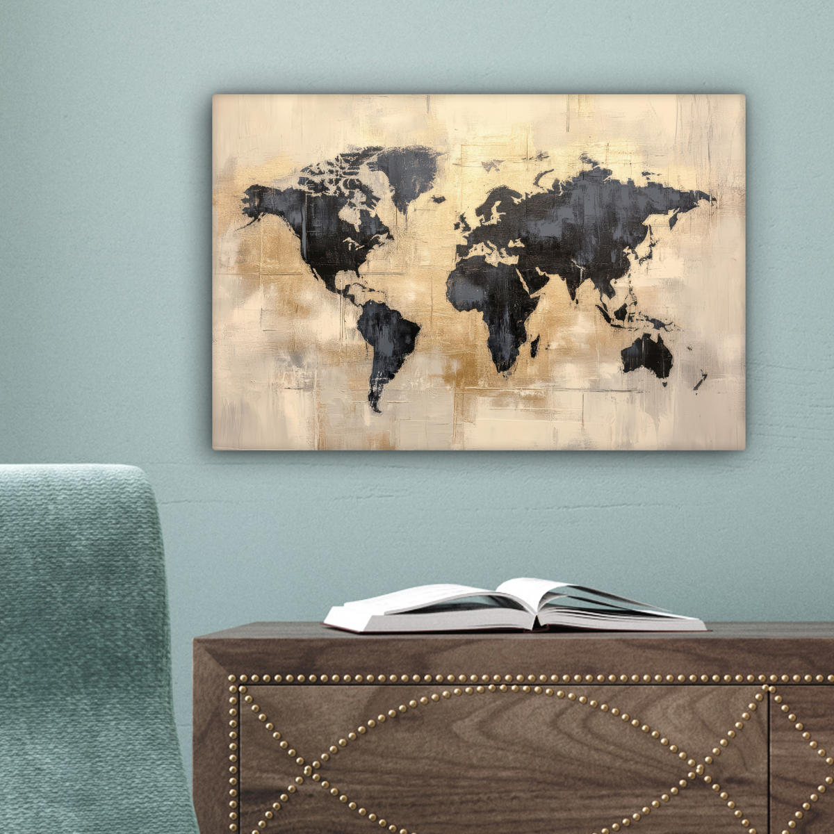 LEINWANDBILD Weltkarte - Gold - Schwarz - Abstrakt 30x20 cm - Kupferfarben, Textil (30/20cm) - MuchoWow