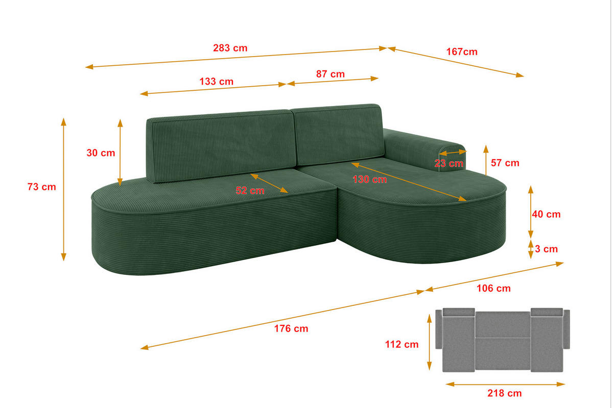 ECKSOFA mit Schlaffunktion und Bettkasten Ottomane Rechts MARI-L1-S - 283x167x73 cm Grün Cord - Waldgrün/Schwarz, Holzwerkstoff/Kunststoff (167/283cm) - ALTDECOR