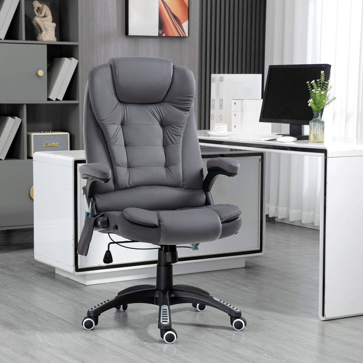 MASSAGE-BÜROSTUHL mit Wippfunktion, Schreibtischstuhl mit Heizfunktion, Grau - Dunkelgrau/Schwarz, Kunststoff/Textil (74/116/67cm) - Vinsetto