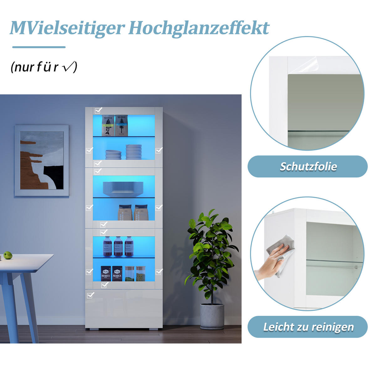 VITRINE LED Hochglanz Acryl Tür 3 Glasböden Weiß 173cm Highboard - Weiß, Glas (60/173/40cm) - FLIEKS
