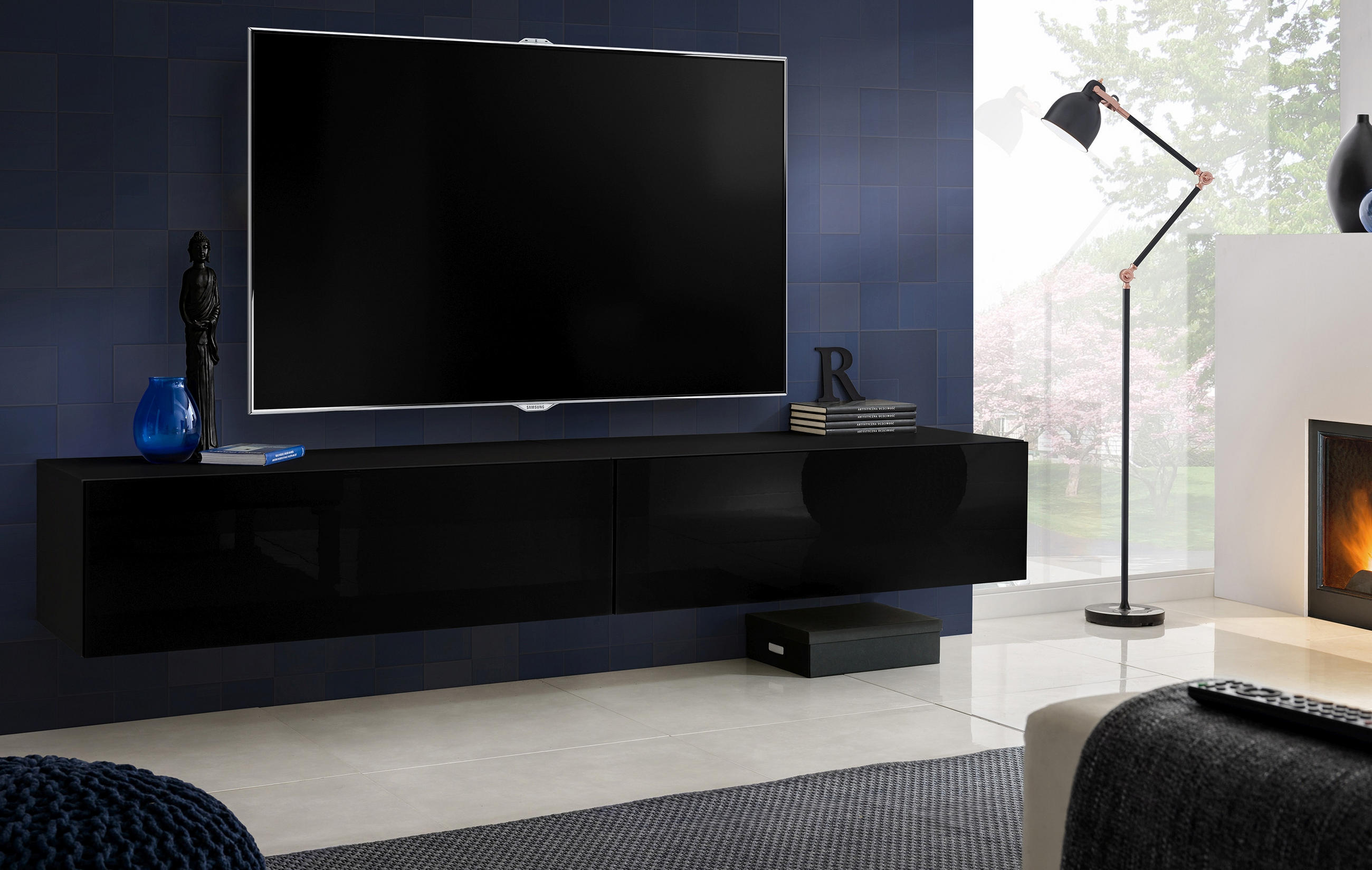 TV-HÄNGEBOARD LORETO, Schwarz, Schwarz Hochglanz - Schwarz, Holzwerkstoff (200/30/41.5cm) - Komodee
