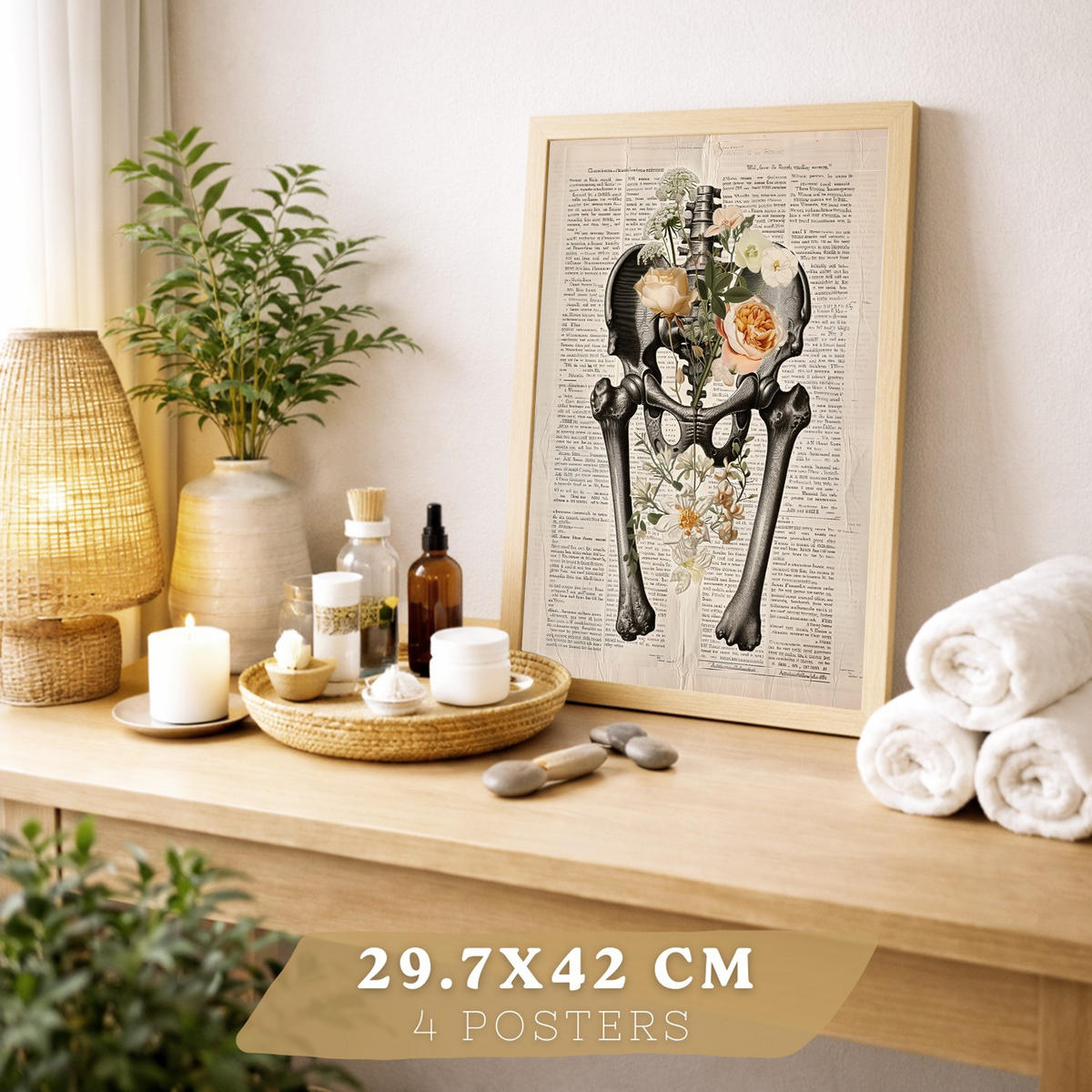 POSTER Set aus 4 Anatomie Drucke und mit Nieren Becken Knochen Hüfte Rippen Wirbelsäule Schädel Antiker Buch Stil Größe Leichter Holzrahmen A4 - Beige, Papier (21/29.7/3cm) - Nacnic