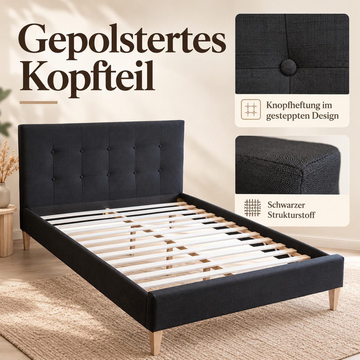 POLSTERBETT mit Lattenrost 160/200 cm in Schwarz - Schwarz, Textil (160/200cm) - Homestyle4u