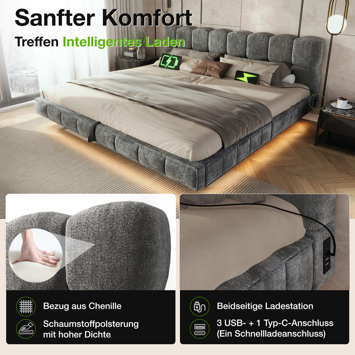 POLSTERBETT 140/200 mit Bettkasten, LED und USB in Grau - Grau, Holzwerkstoff/Textil (140/200cm) - EVRYAE