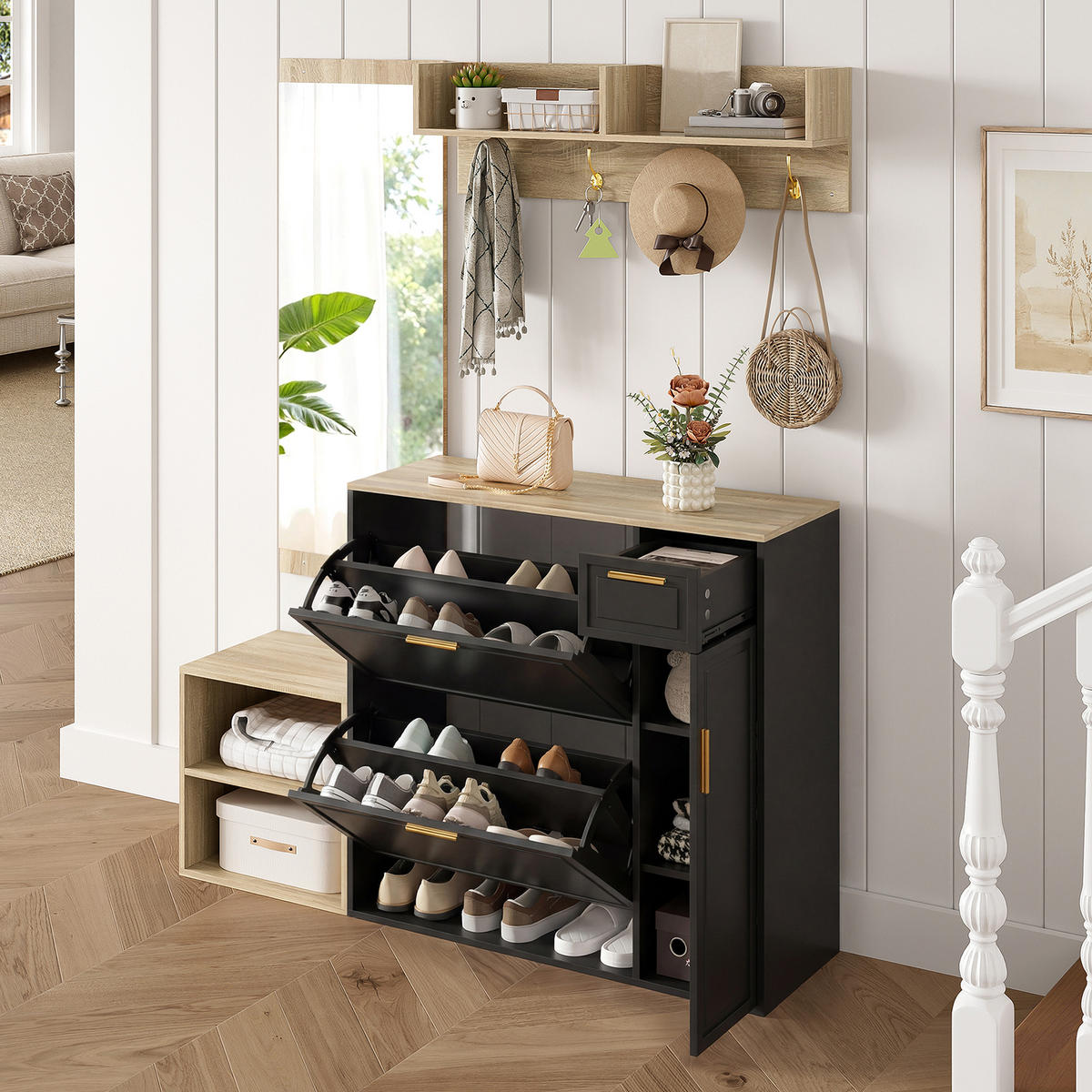 GARDEROBE Garderoben-Set Schuhschrank Sitzbank Wandgarderobe Spiegel platzsparend Farbe Neutral Größe Standard 4er Set - Schwarz, Holzwerkstoff (130/174/30cm) - EVRYAE