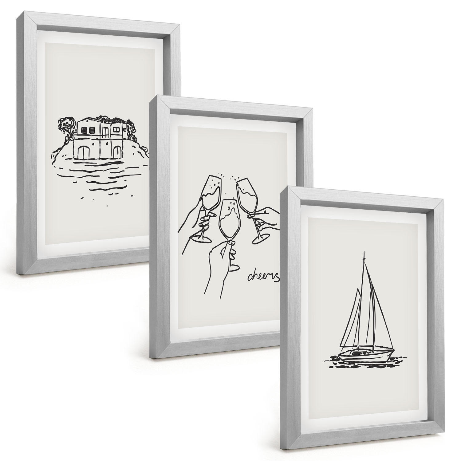 BILDER SET 3er Set - 20x30 cm Silberner Rahmen - Haus am Wasser, Segelboot-Toast - Silberfarben, Kunststoff (20/30cm) - TULUP
