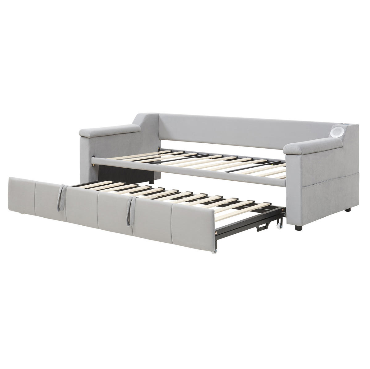 ROZKLADACIA pohovka, 216/97/69 cm, zamat svetlosivá, s Bluetooth, USB a odkladacími priehradkami - sivá, textil (97/69/216cm) - BEAOK