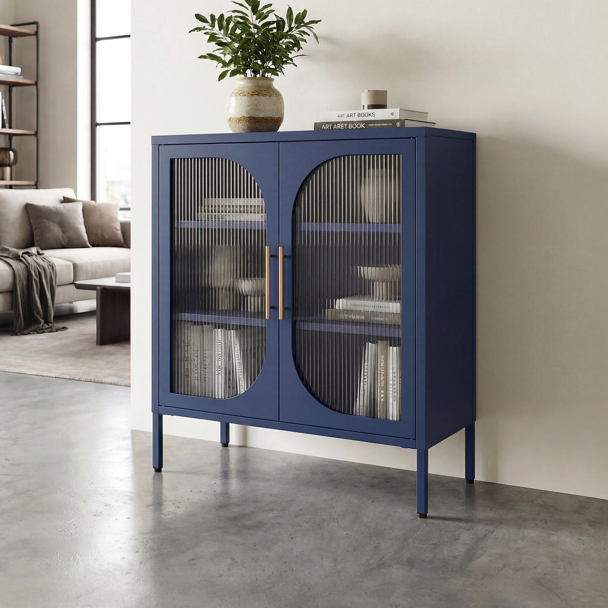 LUKA 2-türiges Metall-Sideboard in Mitternachtsblau mit geriffeltem Glas, 80 cm - Dunkelblau, Metall (80/90/35cm) - Sicaan