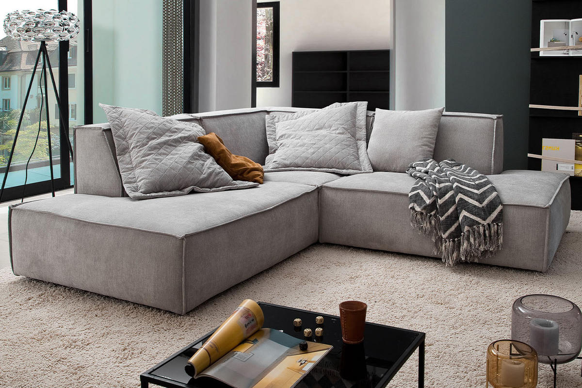 ECKSOFA SAMU Silber Webstoff - Silberfarben/Schwarz, Textil (226/224cm) - KAWOLA
