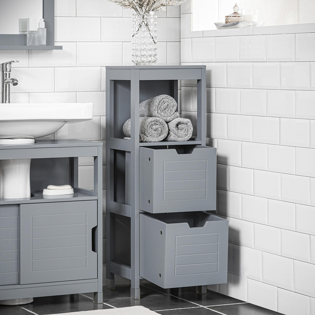 BADEZIMMERSCHRANK Grau - Grau, Holzwerkstoff (30/90/30cm) - SoBuy