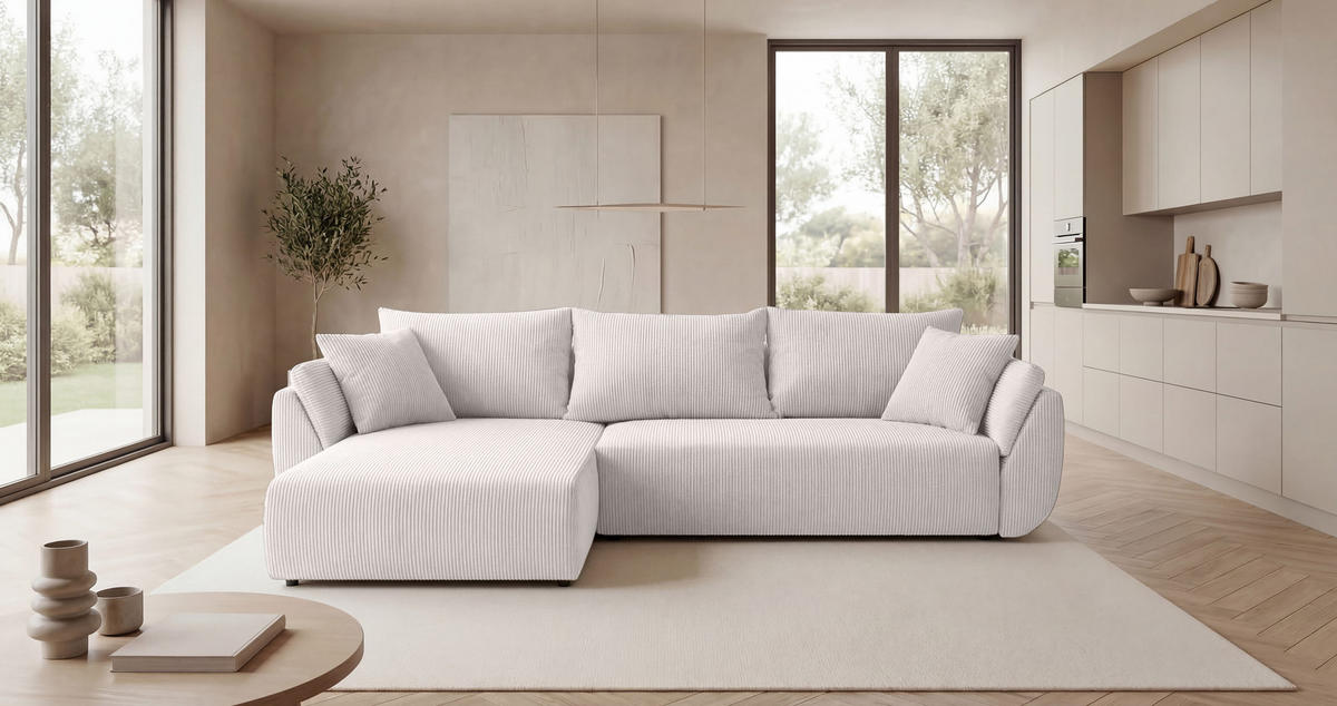 ECKSOFA SYDNEY links weiß Cord Poso 100 - Schlaffunktion, Bettkasten - Weiß, Textil (280/174cm) - Cornero