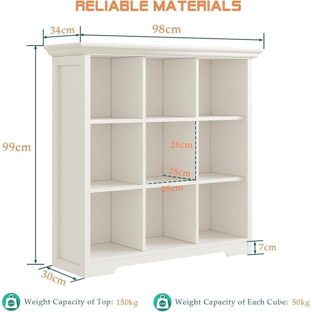 BÜCHERREGAL mit Sockel 9 Fächer Weiß 99 x 98 x 34 cm - Weiß, Holzwerkstoff (98/99/34cm)
