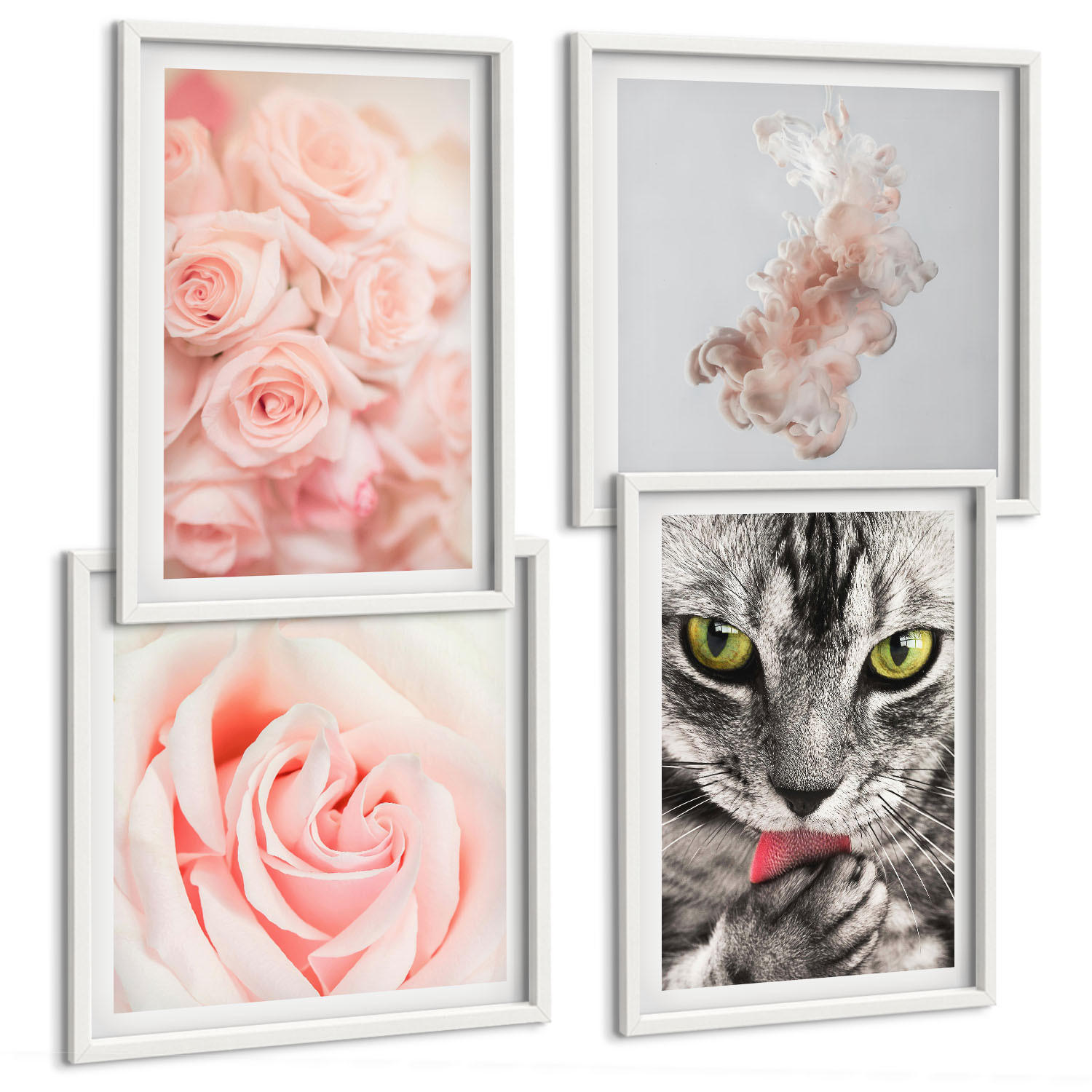 BILDER SET 4er Set - 50x50 cm & 40x60 cm Weißer Rahmen - Abstrakte Darstellung von grauen Katzenrosen - Weiß, Kunststoff (50/50cm) - TULUP