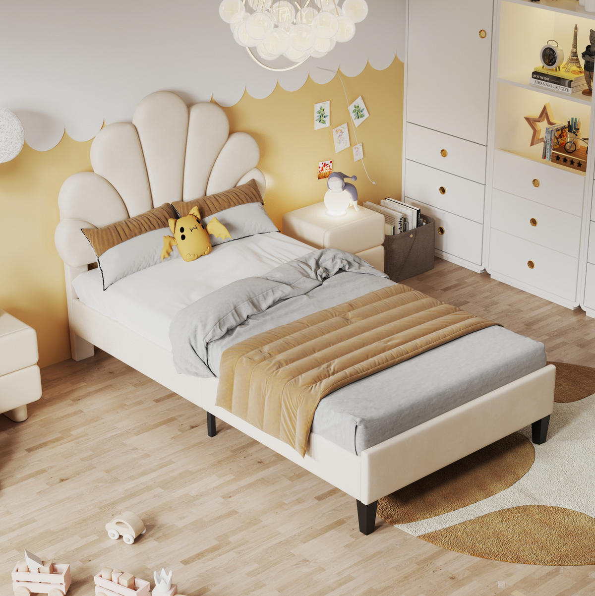 KINDEREINZELBETTEN aus Samtstoff 90 x 200 cm in Beige mit Blüten-Kopfteil - Beige, Textil (90/200cm) - Modfu