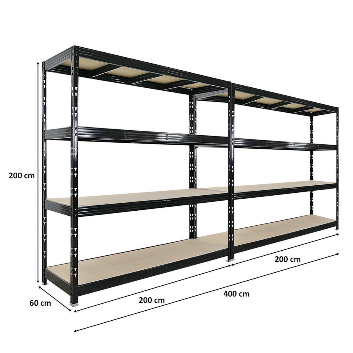 SCHWERLASTREGAL Rhino 2er-Set 200x200x60 cm 4 Spanplatten-Ebenen 8mm Fachlast 500 kg Schwarz - Schwarz, Metall (400/200/60cm) - PROREGAL