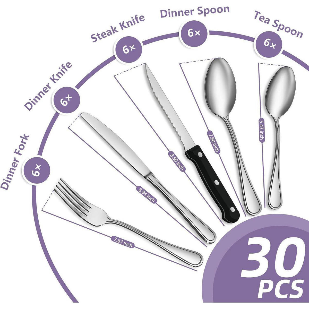 BESTECKSET 30-teiliges Set Edelstahl für 6 Personen spülmaschinenfest - Multicolor, Metall