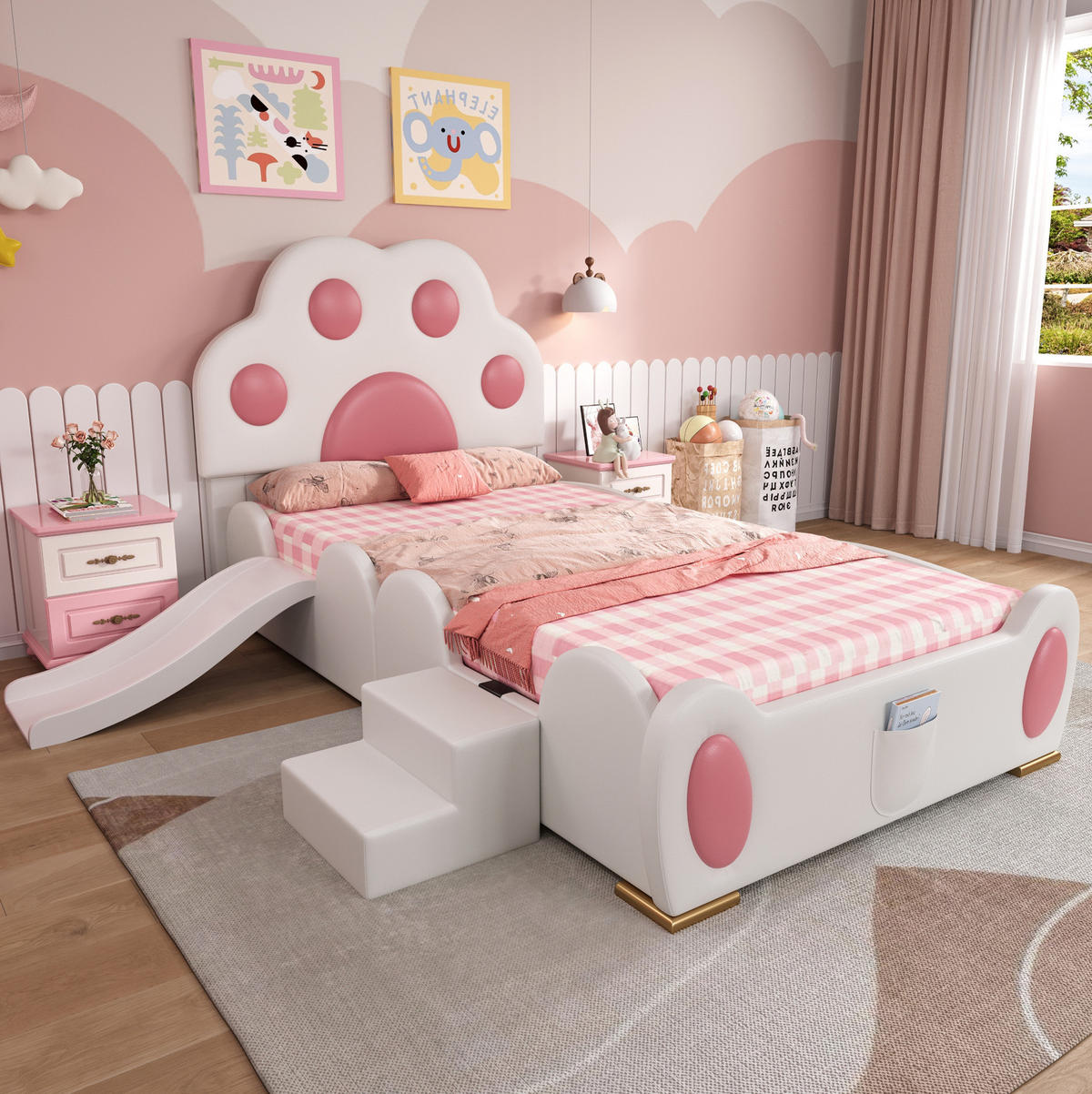 POLSTERBETT 90/200 cm Weiß und Rosa mit Rutsche und Leiter - Rosa, Kunststoff (90/200cm) - MIVRAY