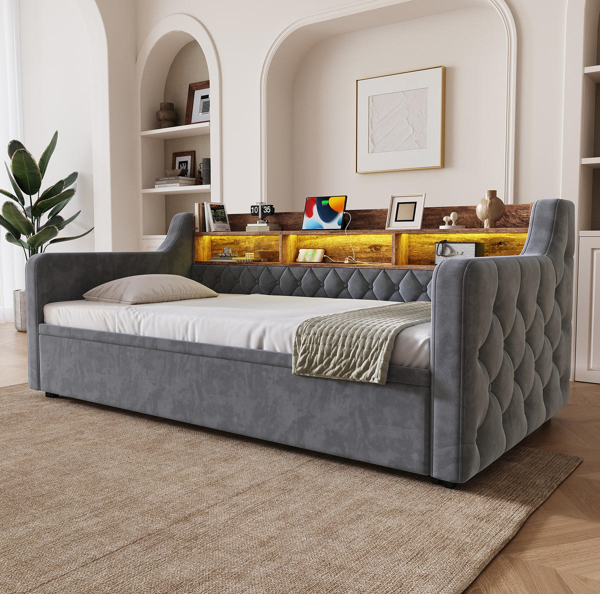 BETT 90/190 cm in Dunkelgrau mit Bett, LED-Beleuchtung und USB-Anschlüssen - Dunkelgrau, Textil (90/190cm) - Flora Grace