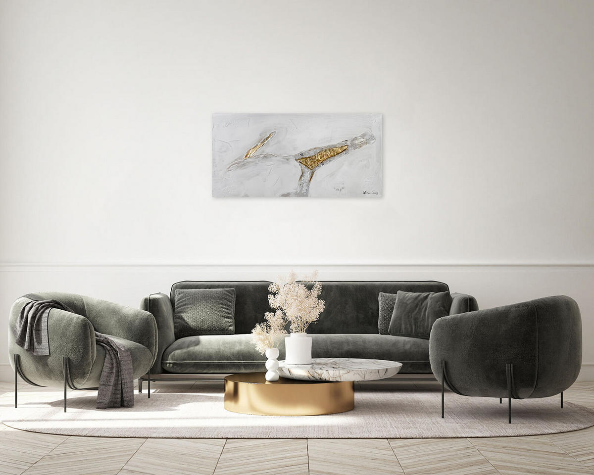 RUČNE MAĽOVANÝ AKRYLOVÝ OBRAZ 100/50 cm, biely/zlatý, abstraktný geometrický motív - biela/zlatá, drevo/textil (100/50cm) - KUNSTLOFT