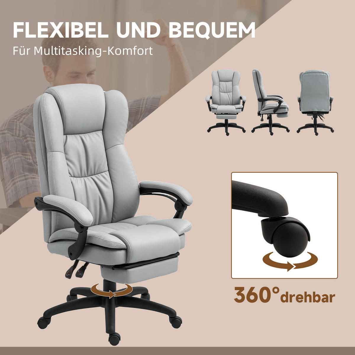 KANCELÁŘSKÁ ŽIDLE s 5 masážními režimy, ergonomická kancelářská židle s funkcí polohování - černá/světle šedá, plast (68.5/121/68.5cm) - Vinsetto