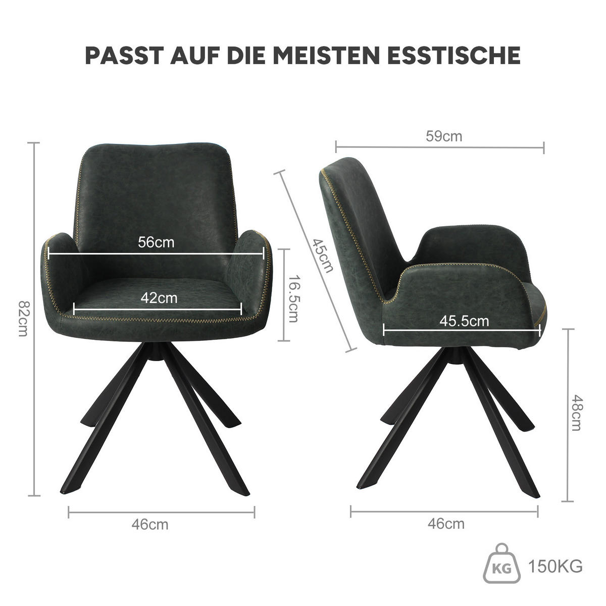 ARMLEHNSTUHL-SET 4 Stück in Lederlook(YZ7) - Dunkelgrün, Textil (56/82/59cm) - HOMAVO