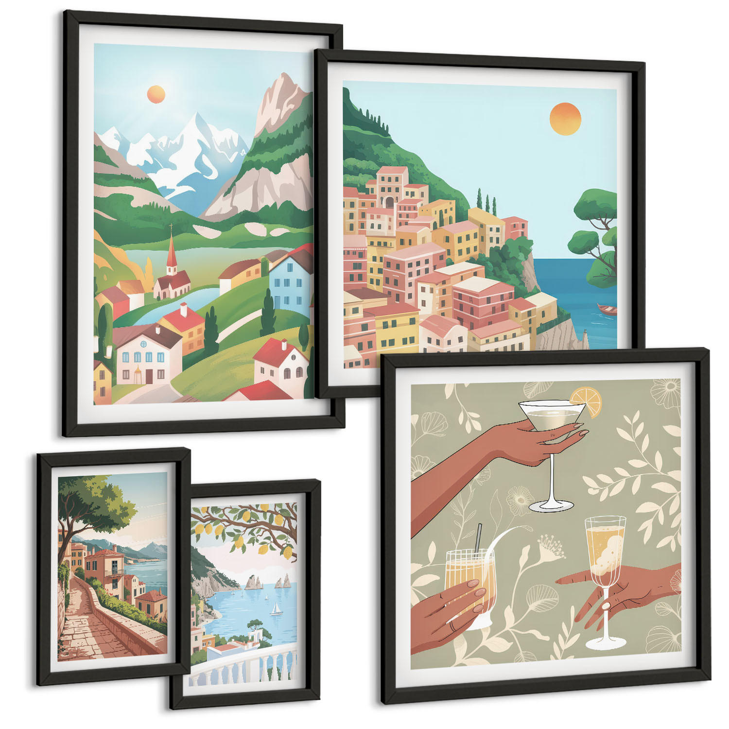 BILDER SET 5er Set - 50x50 cm & 20x30 cm & 40x60 cm Schwarzer Rahmen - Meereslandschaften, Zitrusfrüchte - Schwarz, Kunststoff (40/60cm) - TULUP