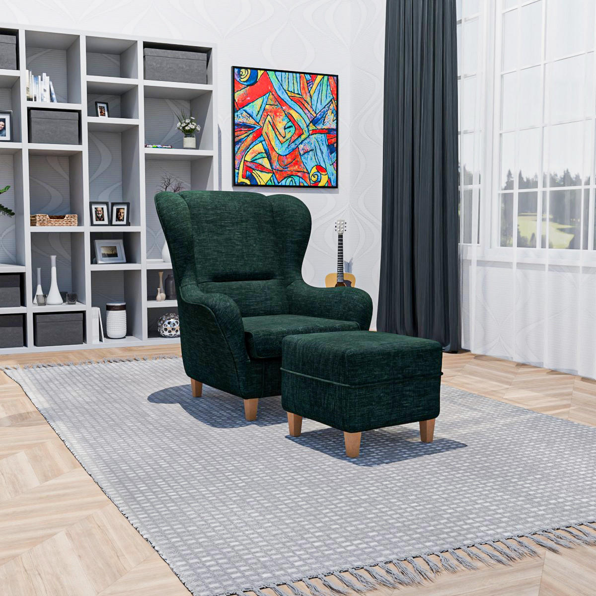 OHRENSESSEL Sofia, Relaxsessel mit Hocker | Design Vienna Dunkelgrün - Grün, Textil (92/68/95cm) - Supellex