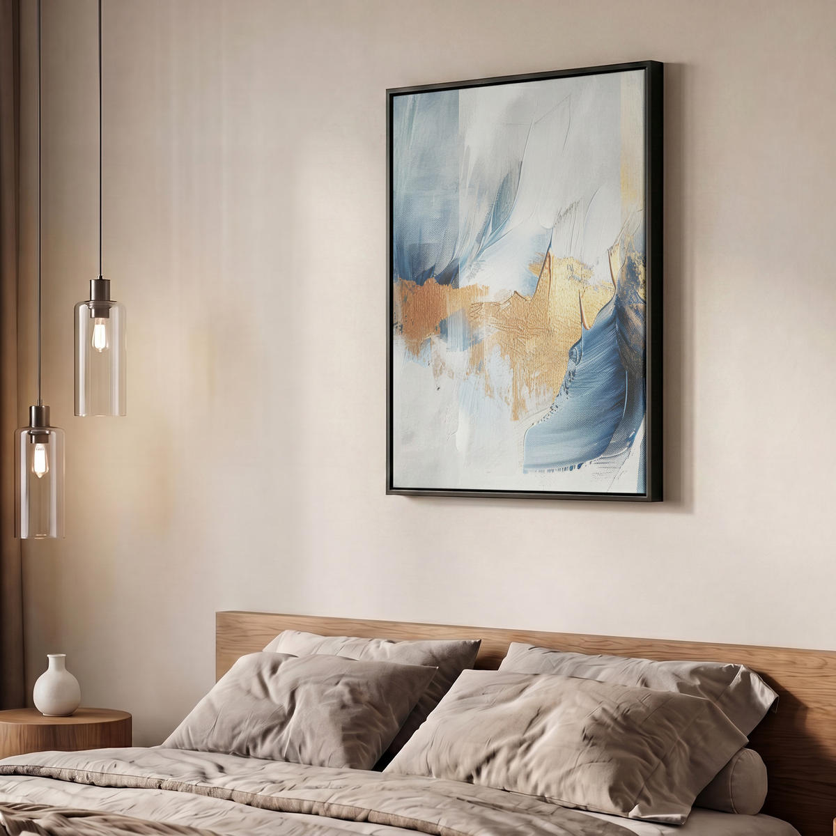 LEINWAND Bilder mit Rahmen - Gold - Blau - Aquarell - Kunst - Modern - 60x80 - Hellblau, Textil (60/80cm) - MuchoWow