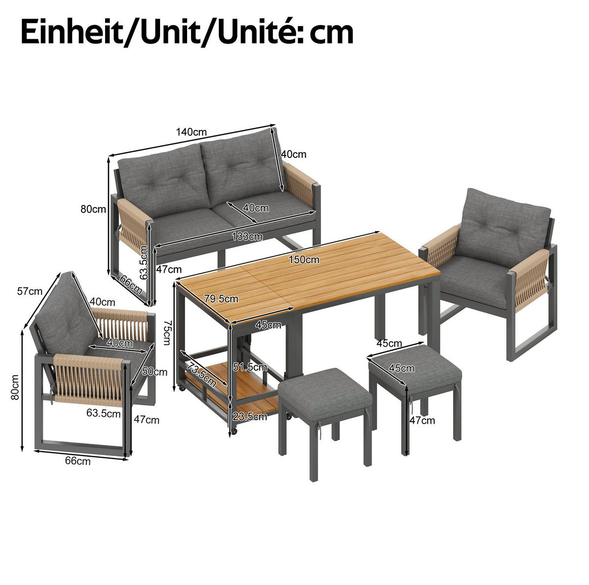 GARTENMÖBEL-SET 6-tlg. mit abnehmbarem Tisch Grau/Natur - Grau, Holz - Beauniv