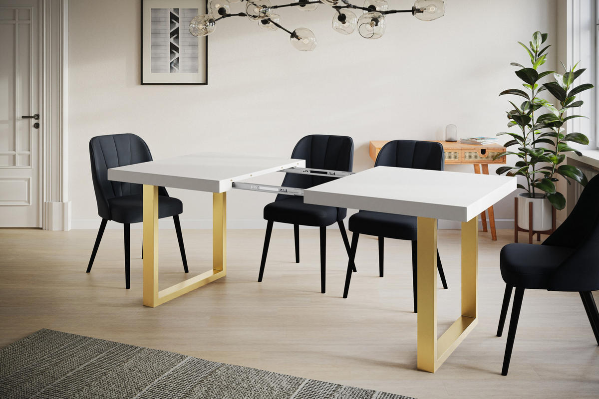 ESSZIMMERTISCH LOFT-U, ausziehbarer Tisch 160-260X90X77 cm, Farbe: Gold, mit Metallbeinen in Farbe Gold - Goldfarben/Weiß, Holzwerkstoff (160/90/77cm) - Alpi-Möbel