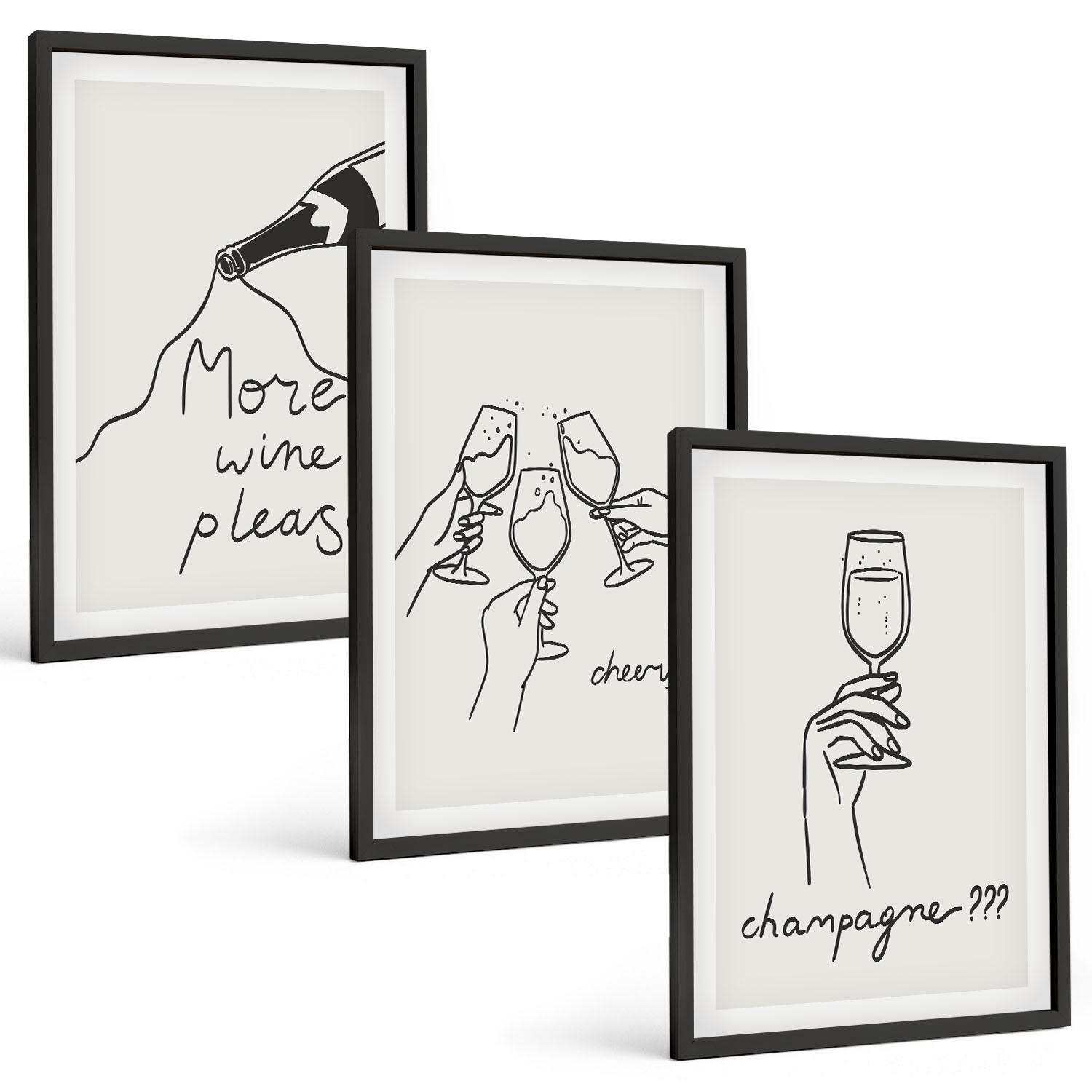 BILDER SET 3er Set - 40x60 cm Schwarzer Rahmen - Champagner-Wein-Linienzeichnung - Schwarz, Kunststoff (40/60cm) - TULUP