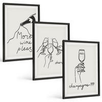 BILDER SET 3er Set - 40x60 cm Schwarzer Rahmen - Champagner-Wein-Linienzeichnung - Schwarz, Kunststoff (40/60cm) - TULUP