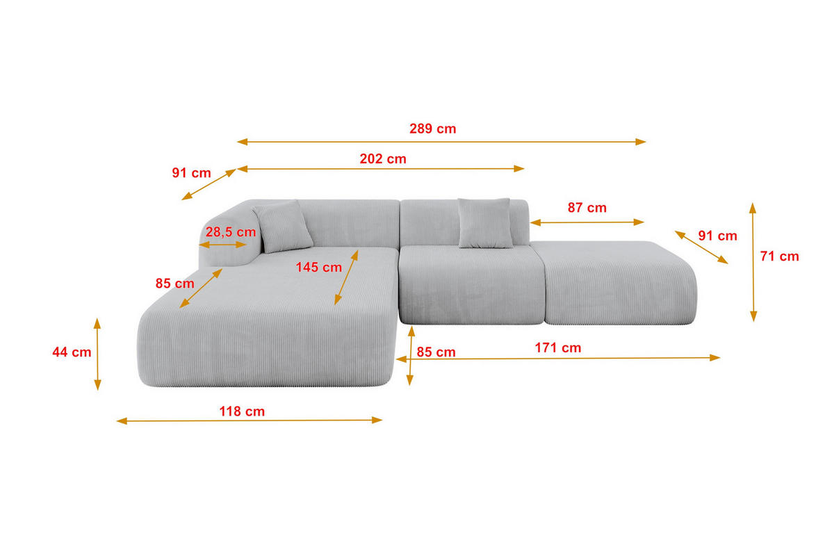ECKSOFA Ottomane Links OVLY-L 289x176x71 Grau Cord - Schwarz/Alufarben, Holzwerkstoff/Kunststoff (176/289cm) - ALTDECOR