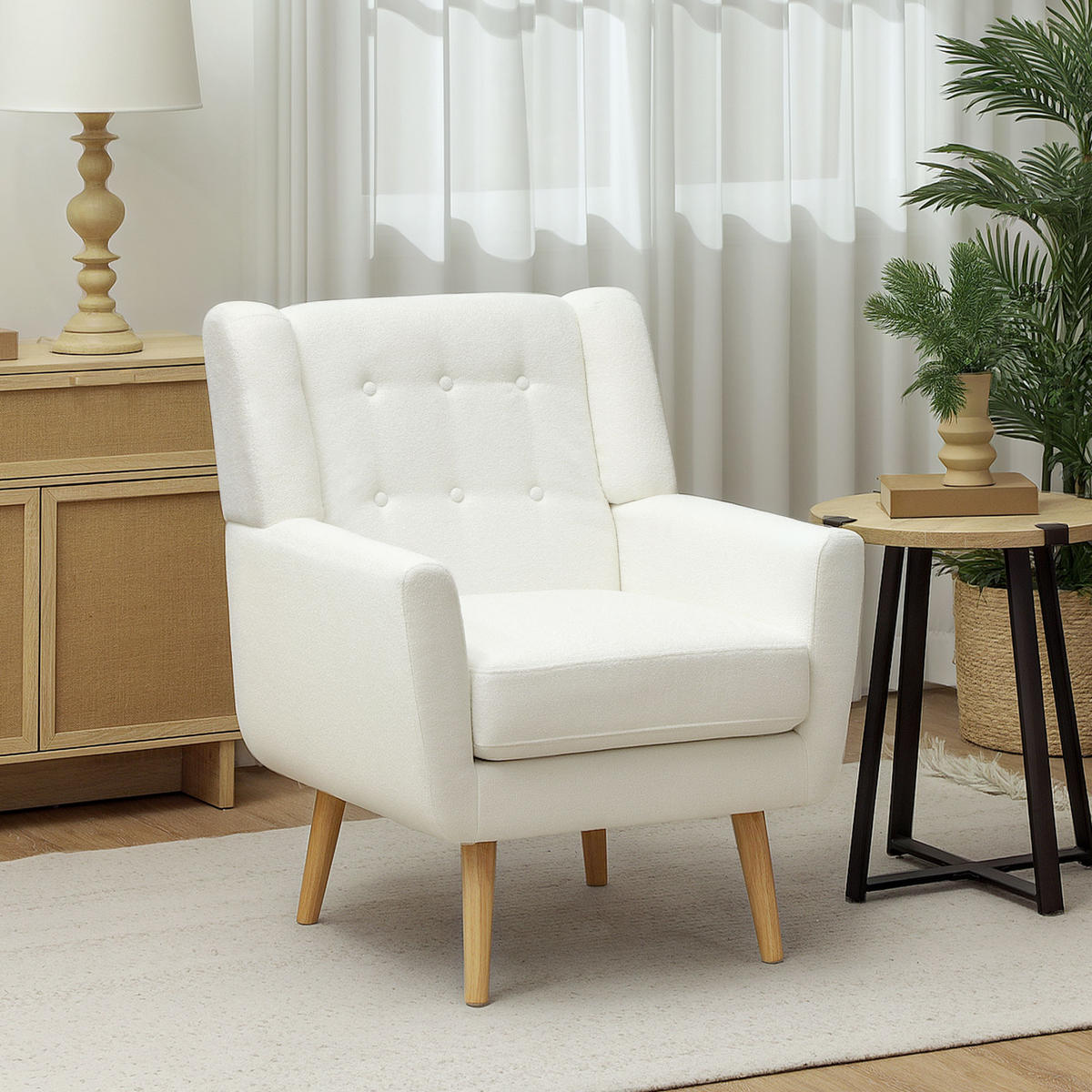 SESSEL Wohnzimmer Gepolstert Ohrensessel mit Teddy-Fleece-Optik, Holzbeine Weiß - Weiß, Kunststoff (72/89/75cm) - HOMCOM