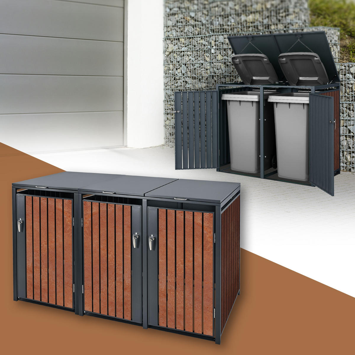 MÜLLTONNENBOX 3er Anthrazit-Rostoptik - Rotbraun, Metall (80/116.3/200cm) - ML-DESIGN